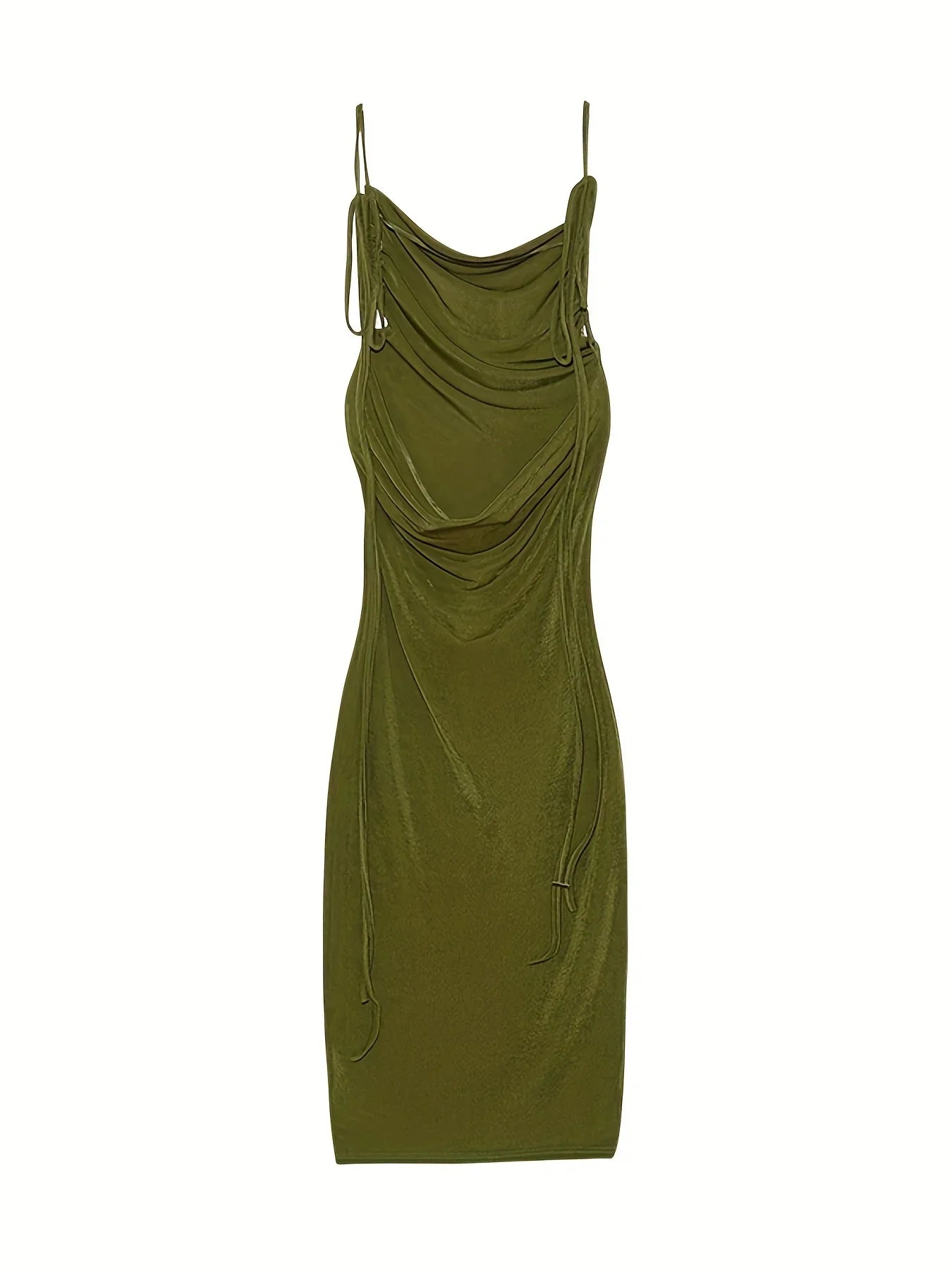 EtherealBe elegant womens strapless evening gown in olive green with draped design and adjustable straps