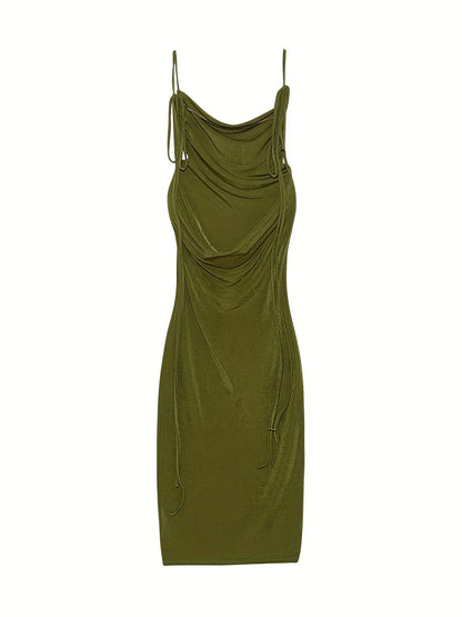 EtherealBe elegant womens strapless evening gown in olive green with draped design and adjustable straps