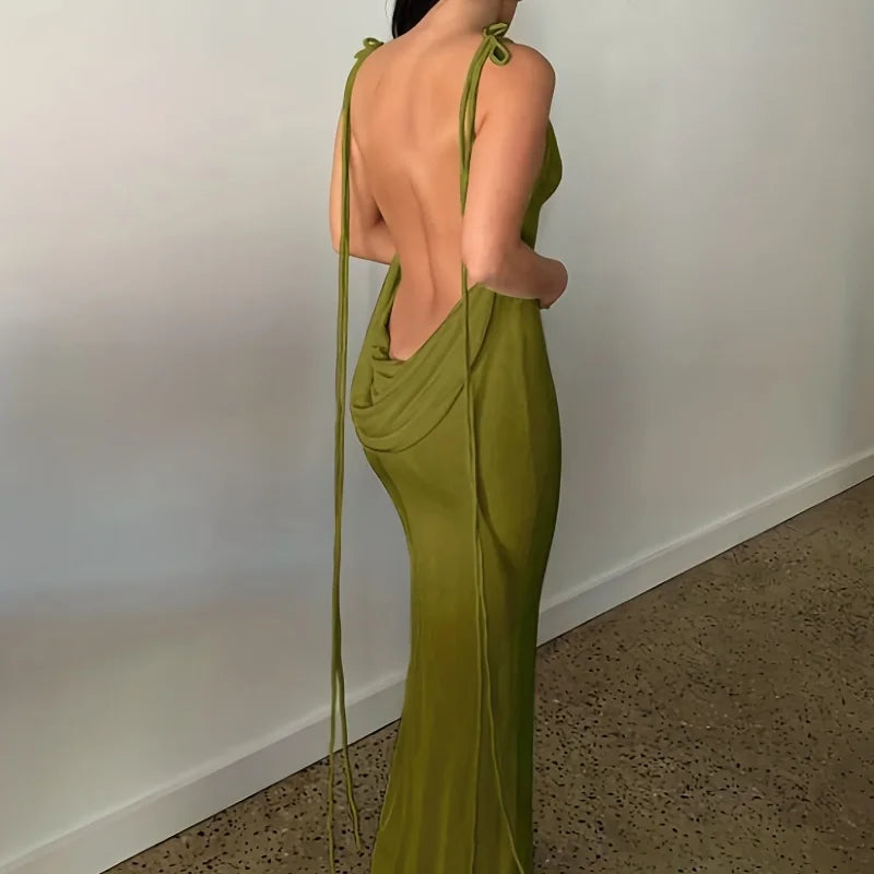 Back view of an elegant womens strapless evening gown in olive green with stylish tie straps