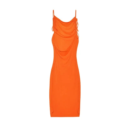 Elegant womens strapless evening gown in vibrant orange with stylish draped detailing