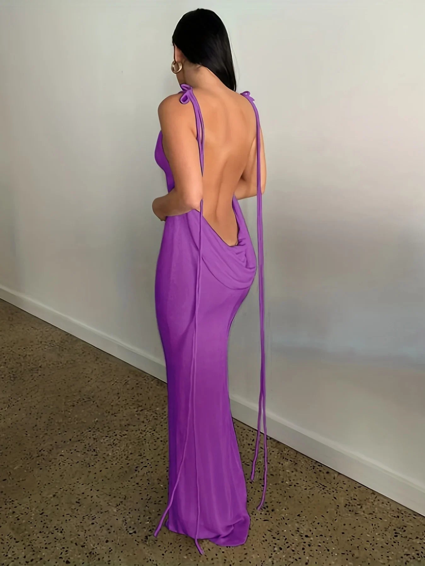 EtherealBe elegant womens strapless evening gown in purple with a flowing back design