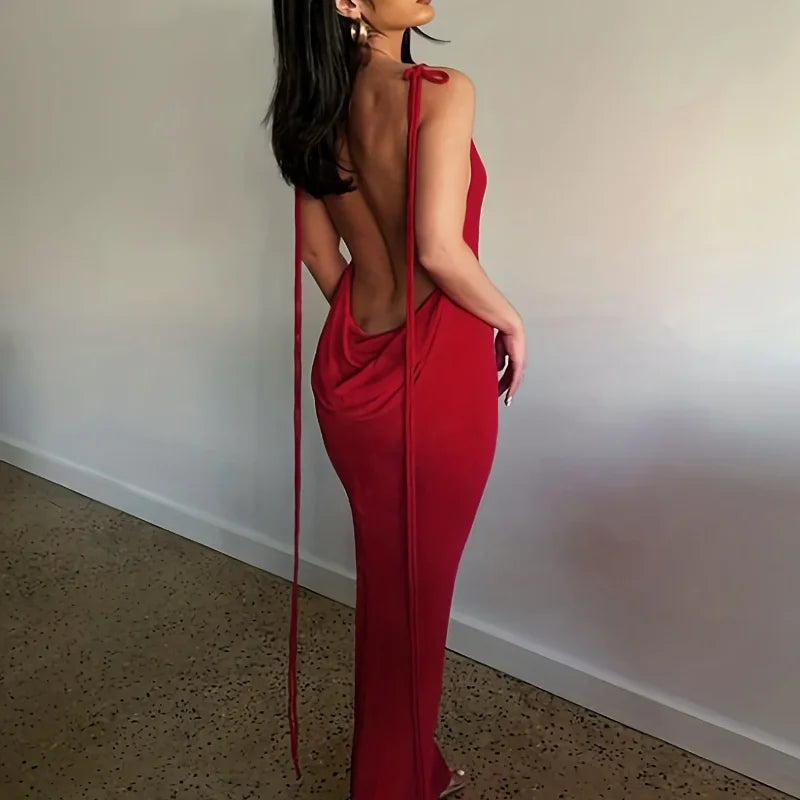 Stylish red EtherealBe elegant womens strapless evening gown with a backless design and ribbon details