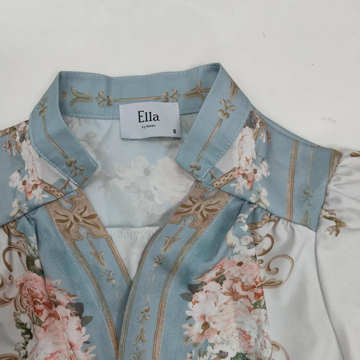 vintage autumn dress for women with light blue floral collar and ornate gold trim close up Ella label