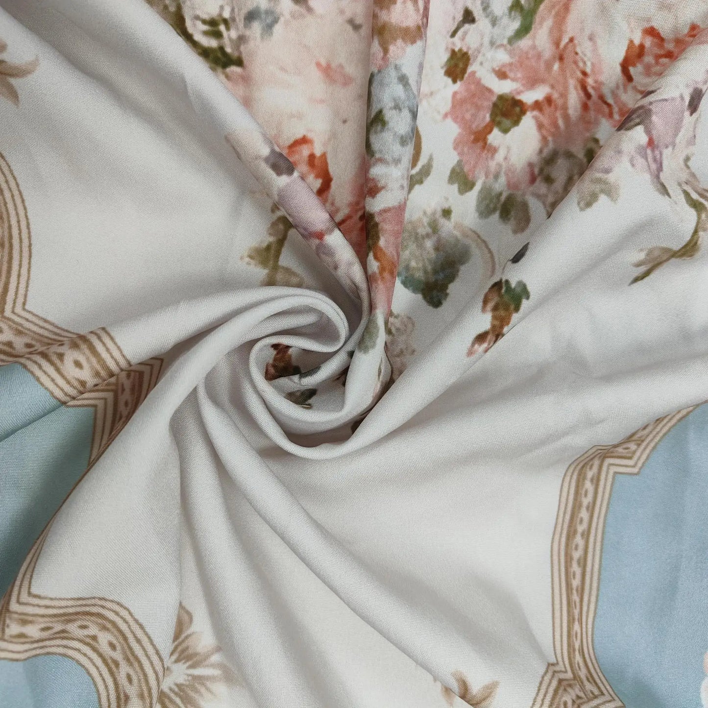 EtherealBe floral fabric close up showing pastel rose print and ornate border for vintage autumn dress for women