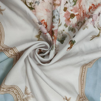 EtherealBe floral fabric close up showing pastel rose print and ornate border for vintage autumn dress for women