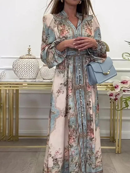 EtherealBe floral maxi in pastel teal and blush with long sleeves and waist tie vintage autumn dress for women and blue handbag