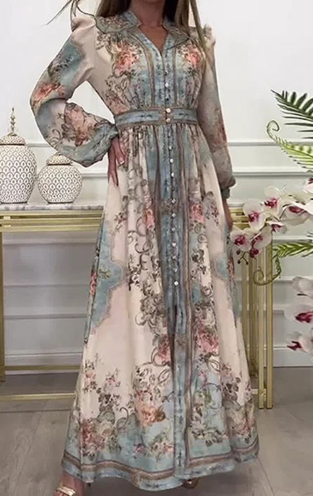 EtherealBe floral maxi with long sleeves and belted waist vintage autumn dress for women in pastel tones