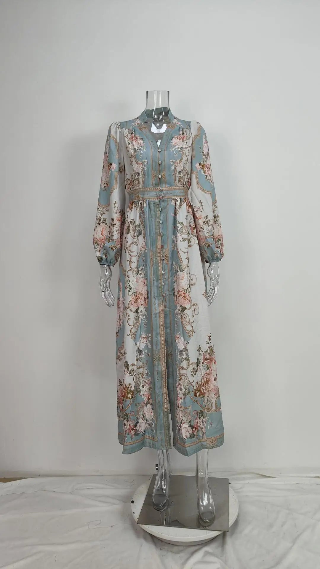 Light blue floral maxi boho vintage autumn dress for women with long sleeves and belted waist