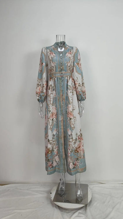 Light blue floral maxi boho vintage autumn dress for women with long sleeves and belted waist