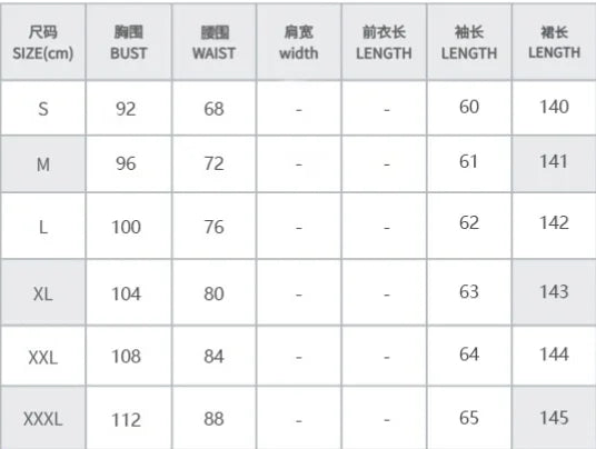 EtherealBe size chart in centimeters for vintage autumn dress for women showing bust waist sleeve and length measurements