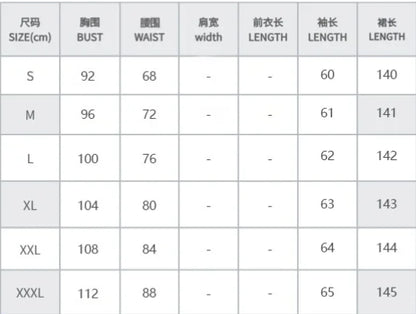 EtherealBe size chart in centimeters for vintage autumn dress for women showing bust waist sleeve and length measurements