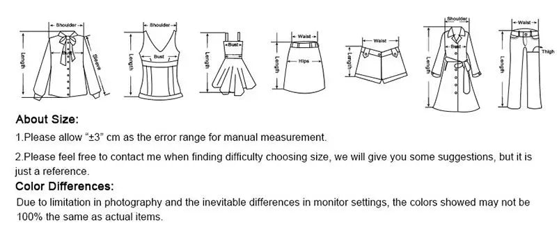 Size and measurement chart with garment sketches and sizing notes for vintage autumn dress for women