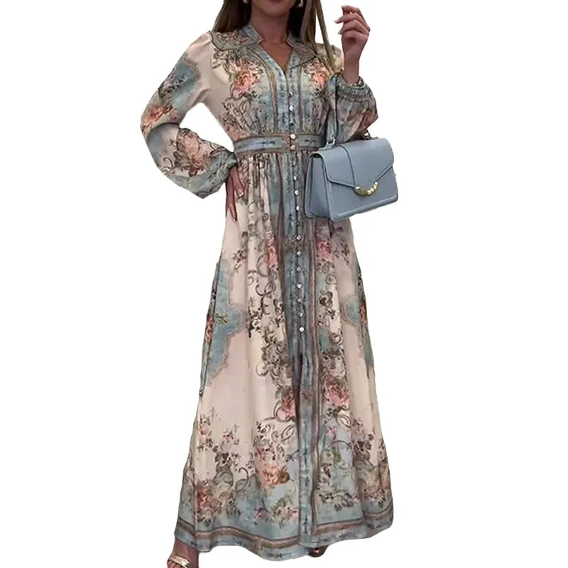 EtherealBe floral maxi dress with long sleeves and waist tie vintage autumn dress for women in pastel blue and blush floral print