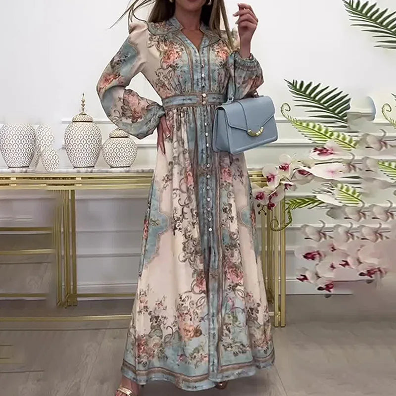 Woman modeling vintage autumn dress for women long floral maxi with belted waist long sleeves and blue handbag