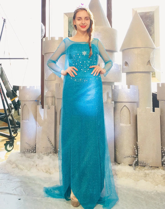 EtherealBe Elsa adult cosplay costume featuring a sparkling blue gown and elegant design