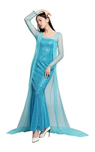 EtherealBe Elsa adult cosplay costume featuring a shimmering blue gown with sheer overlay