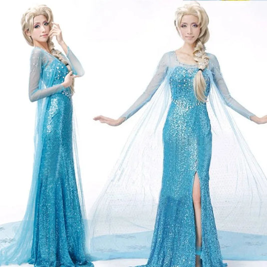 EtherealBe Elsa adult cosplay costume in light blue with shimmering details and flowing cape