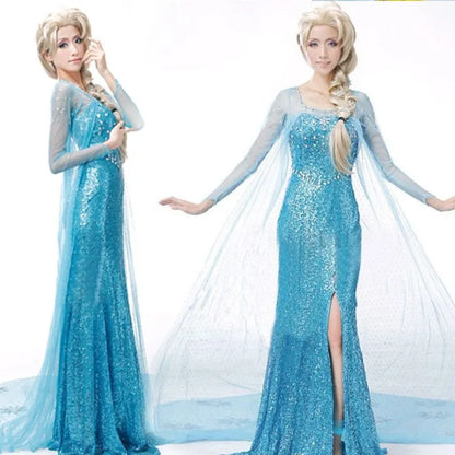 EtherealBe Elsa adult cosplay costume in blue with elegant long sleeves and flowing cape