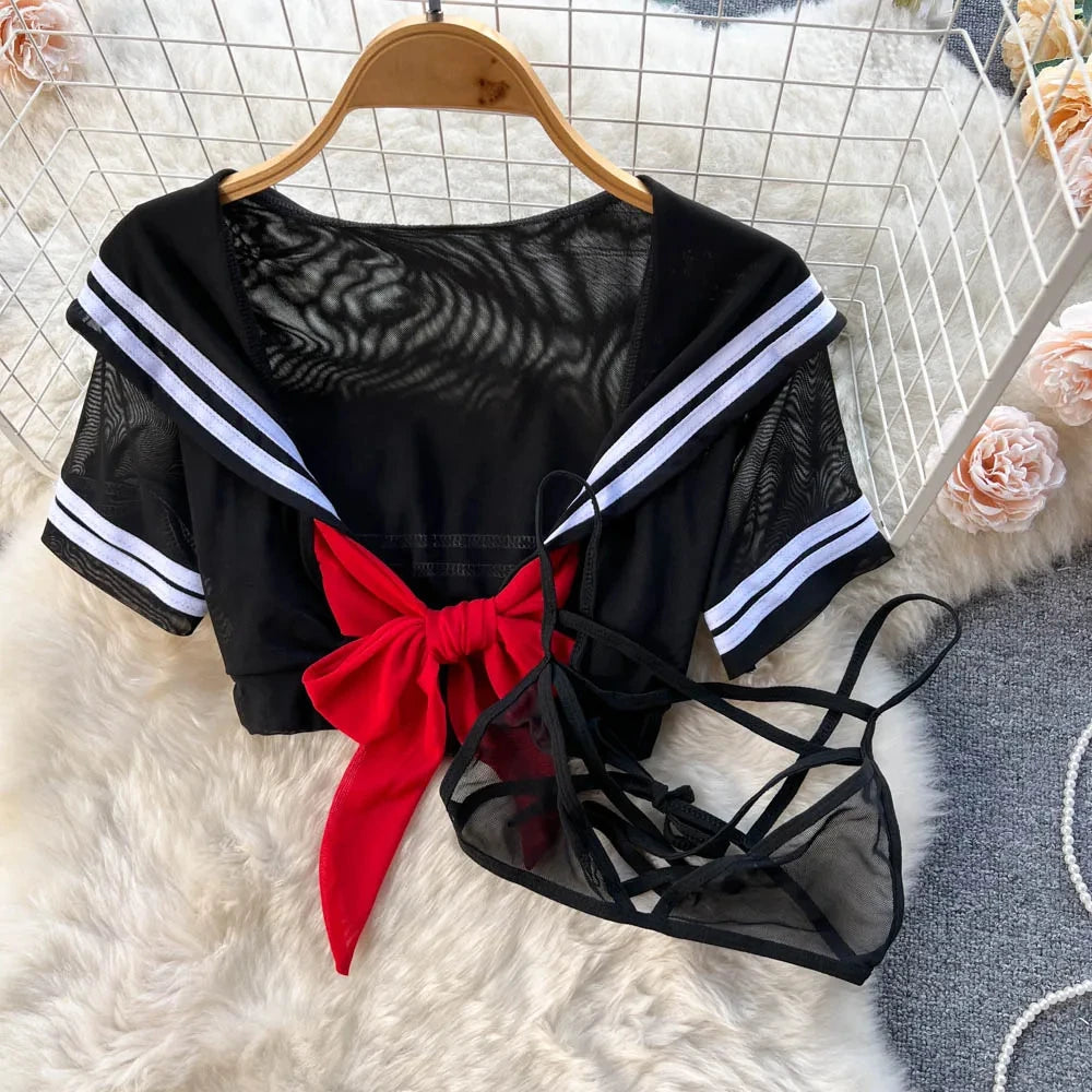 EtherealBe erotic sailor cosplay costume featuring a black top with a red bow and sheer details