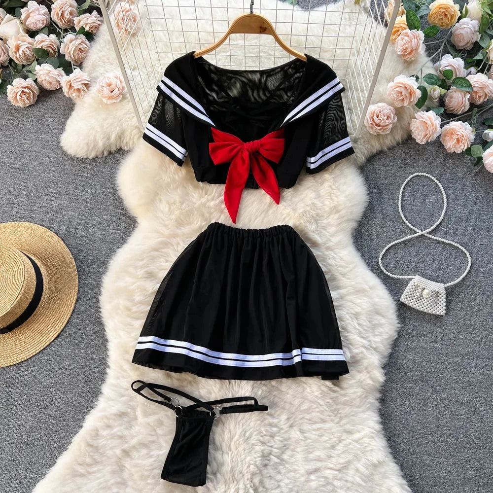 EtherealBe erotic sailor cosplay costume featuring a short skirt, bow, and sheer top for playful style