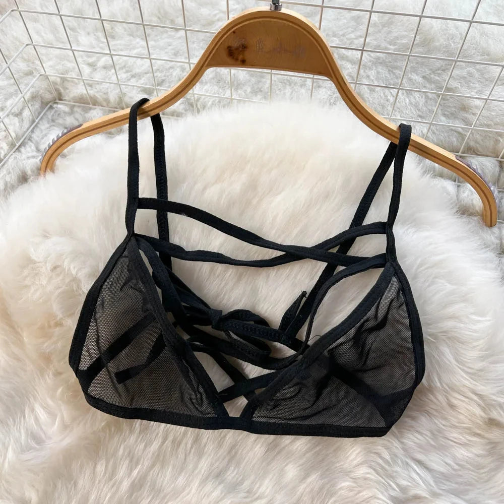 EtherealBe erotic sailor cosplay costume featuring a black sheer bralette with crisscross straps