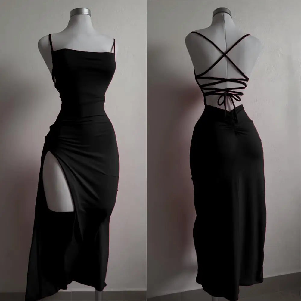 Elegant black high slit backless evening dress with crisscross straps for stylish occasions