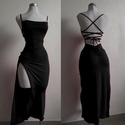 Elegant black high slit backless evening dress with crisscross straps for stylish occasions
