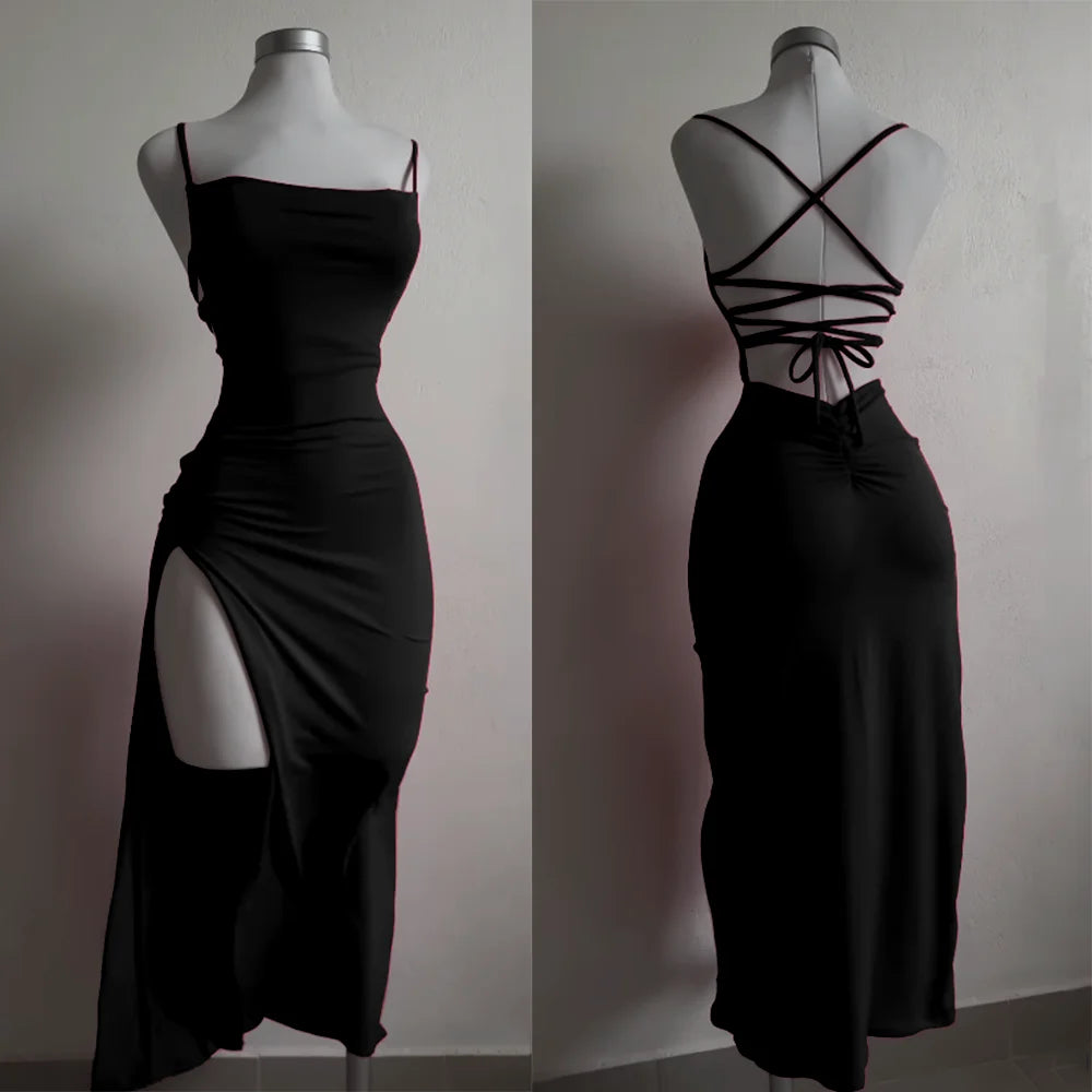 EtherealBe high slit backless evening dress in black with stylish cross-back design