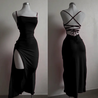 EtherealBe high slit backless evening dress in black with stylish cross-back design