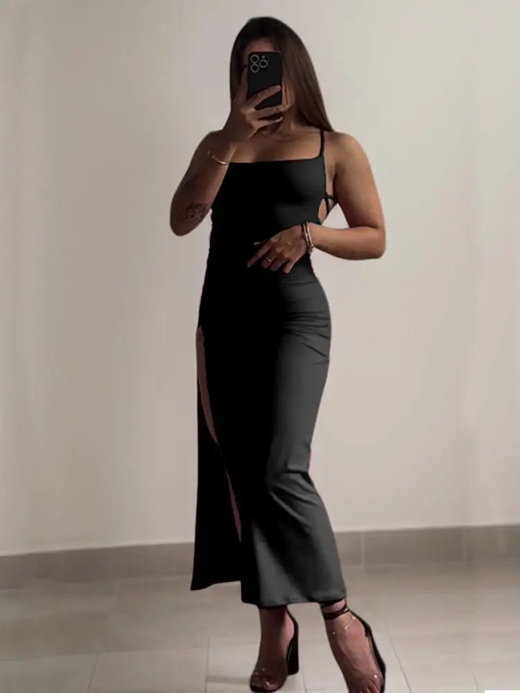 EtherealBe high slit backless evening dress in black, perfect for formal events and parties
