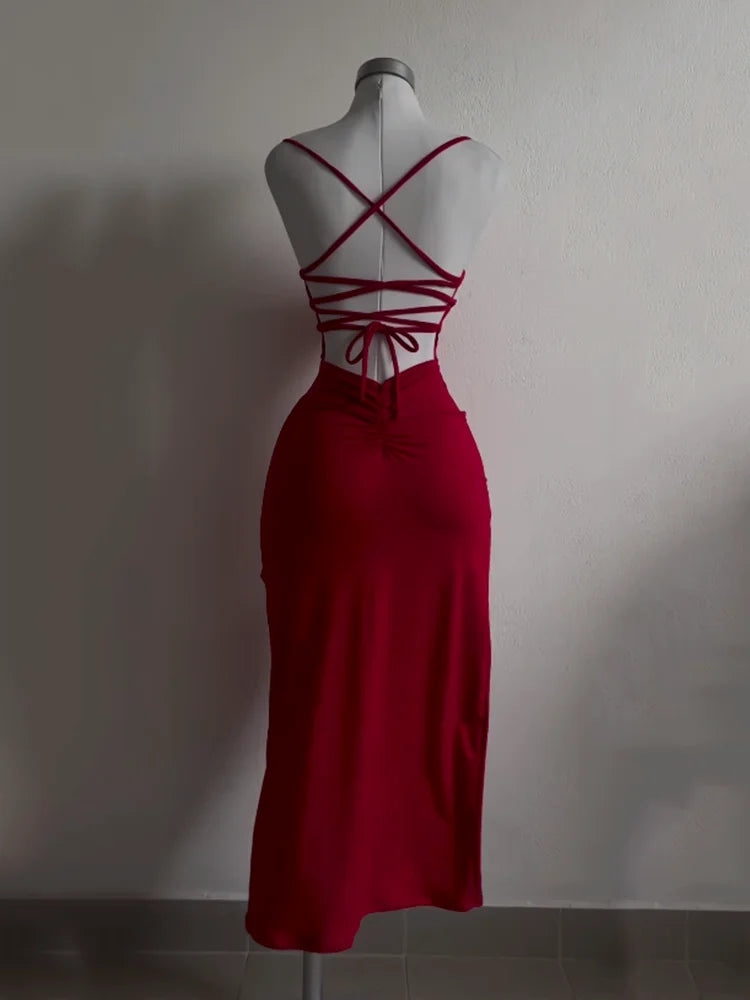 EtherealBe high slit backless evening dress in deep red with stylish crisscross straps