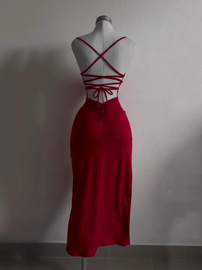 EtherealBe high slit backless evening dress in deep red with stylish crisscross straps
