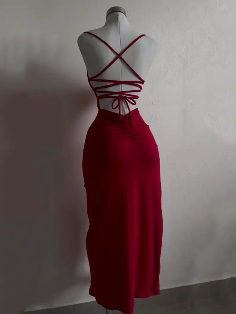 EtherealBe high slit backless evening dress in red with stylish crisscross straps