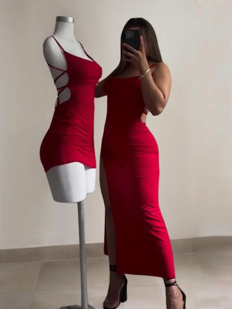 EtherealBe high slit backless evening dress showcased on a mannequin with a model wearing a matching red style