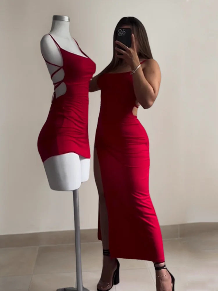 EtherealBe high slit backless evening dress in red displayed on a mannequin and model