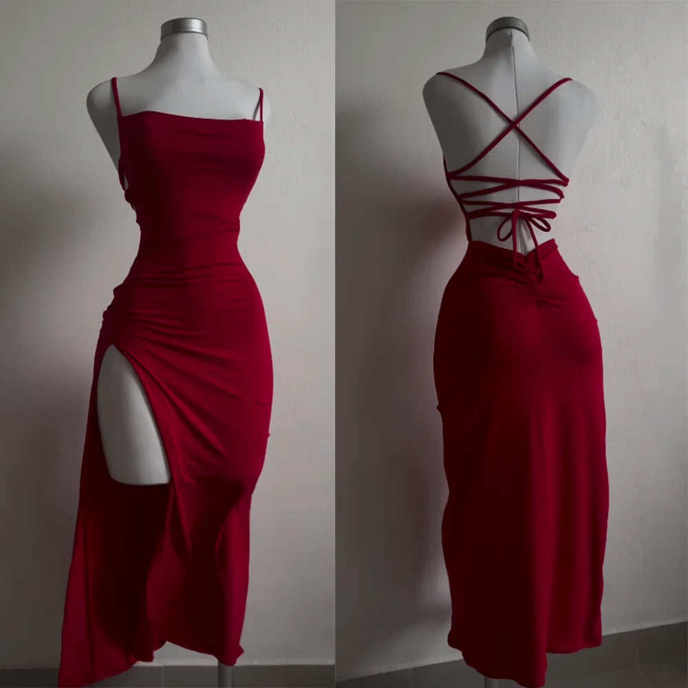 Elegant red high slit backless evening dress with stylish crisscross straps for a chic look