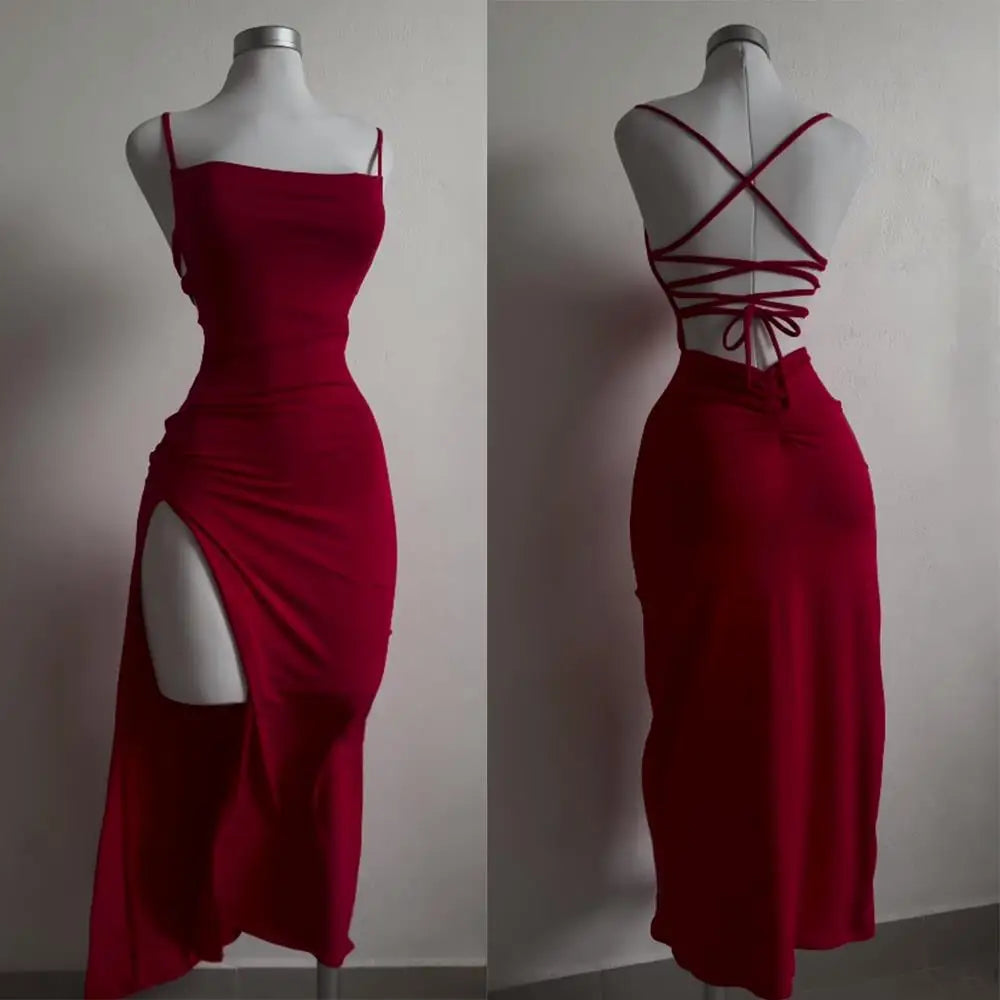 EtherealBe high slit backless evening dress in red with stylish tie-back design