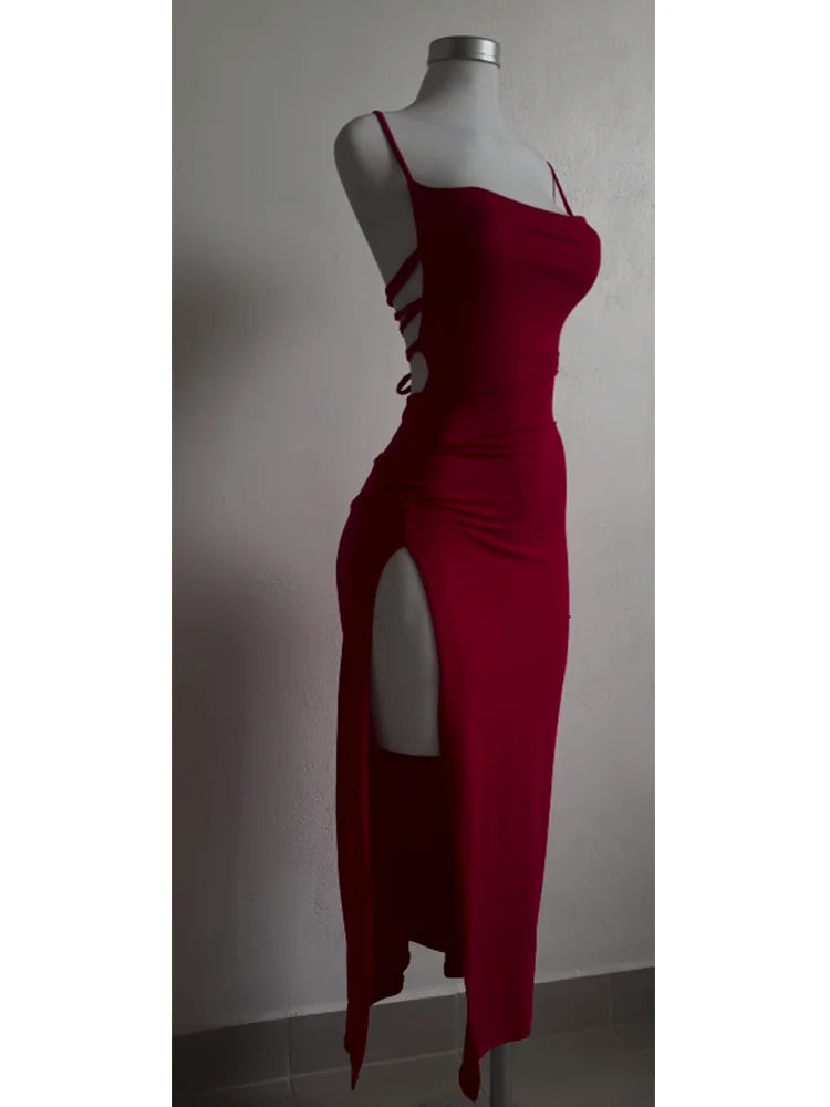 EtherealBe burgundy high slit backless evening dress with stylish side cutouts and sleek design