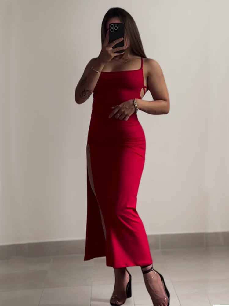 EtherealBe high slit backless evening dress in red for elegant night outings