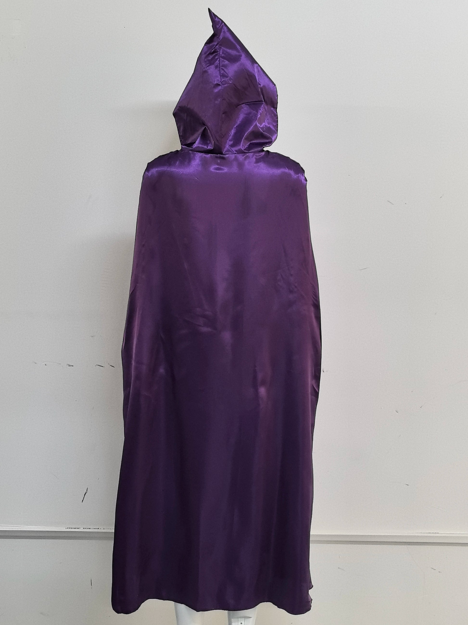 Back view of Raven Teen Titans cosplay costume featuring a shimmering purple cape with a hood