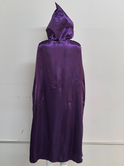 Back view of Raven Teen Titans cosplay costume featuring a shimmering purple cape with a hood