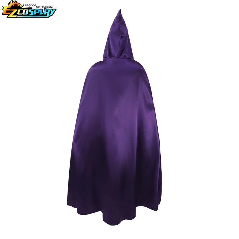 Back view of the Raven Teen Titans cosplay costume with a flowing purple cape and hood
