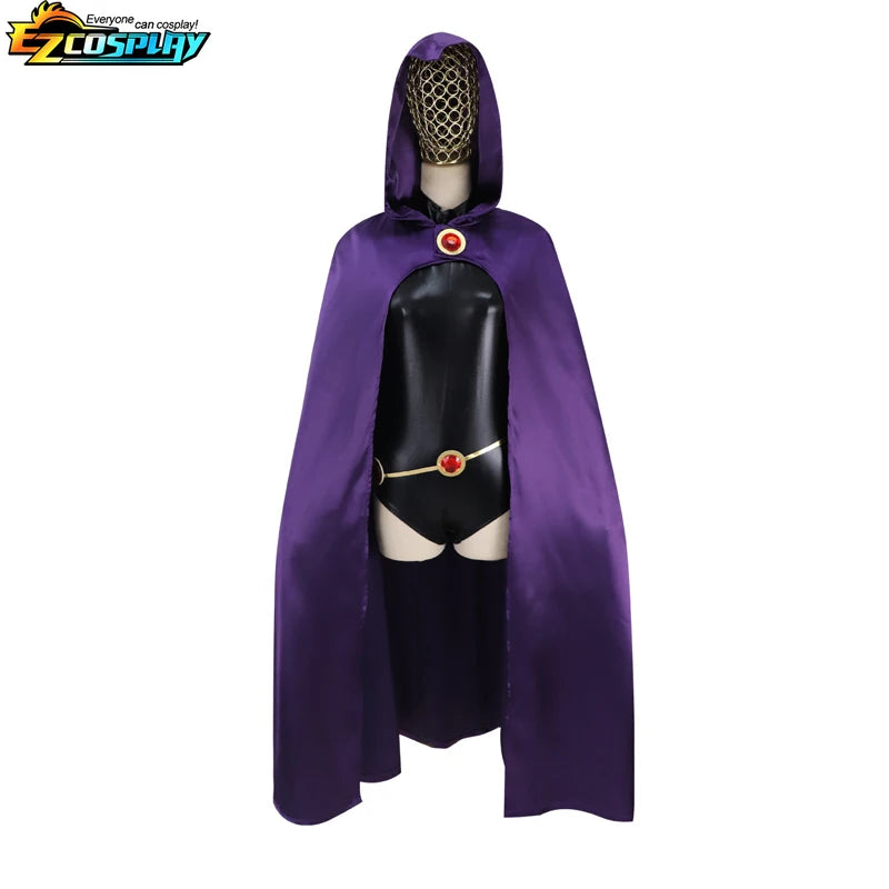 EtherealBe Raven Teen Titans cosplay costume featuring a purple cape and hood with a waist belt