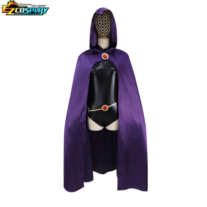EtherealBe Raven Teen Titans cosplay costume featuring a purple cape and hood with a waist belt