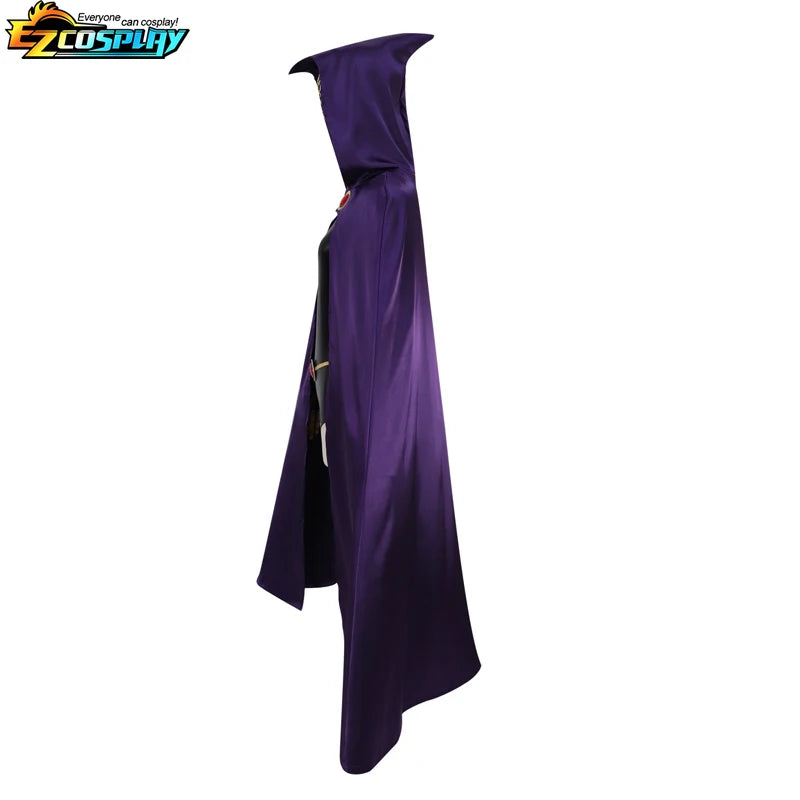 Raven Teen Titans cosplay costume featuring a long purple cloak with a hood for a dramatic look