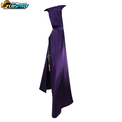 Raven Teen Titans cosplay costume featuring a long purple cloak with a hood for a dramatic look