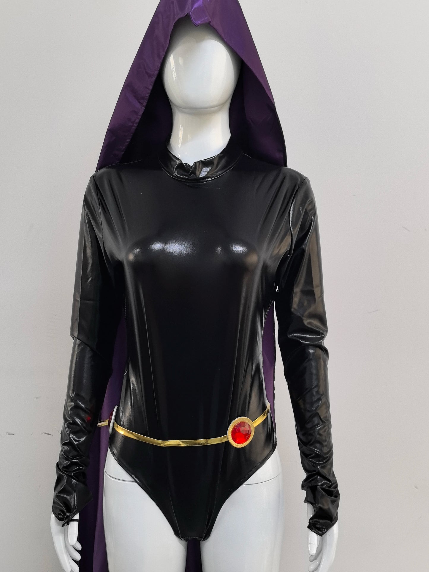 EtherealBe Raven Teen Titans cosplay costume featuring a black bodysuit and purple hooded cape