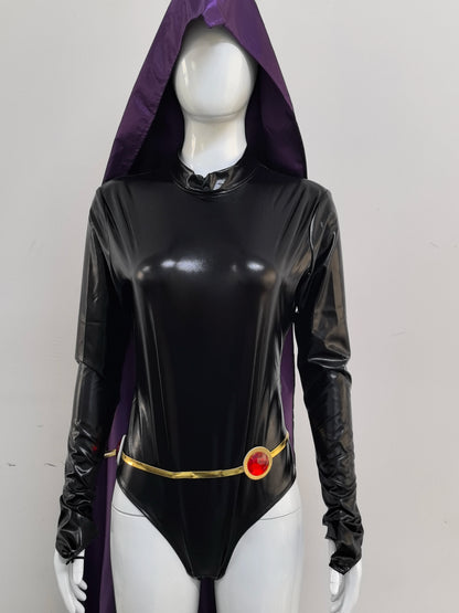EtherealBe Raven Teen Titans cosplay costume featuring a black bodysuit and purple hooded cape