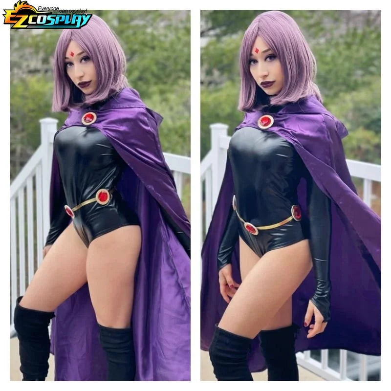 Raven Teen Titans cosplay costume featuring a purple cape and sleek black bodysuit