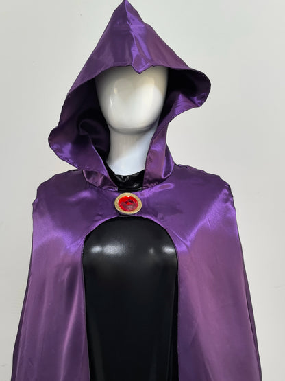 Raven Teen Titans cosplay costume featuring a purple hooded cape with a circular red gem detail